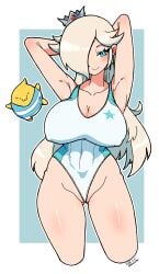1girls absurdres aqua_eyes armpits arms_behind_head artist_name blonde_hair blush breasts cleavage covered_erect_nipples covered_navel curvy dated female half-closed_eye highres large_breasts legs long_hair looking_at_viewer luma_(mario) mario_(series) nintendo omura_zojiki one-piece_swimsuit princess princess_rosalina rosalina seductive_gaze seductive_smile smile solo swimsuit thick_thighs thighs toned very_long_hair wide_sleeves