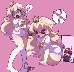 ! ass blush breasts cleavage clothed clothing crown hair hand_gesture hands mario mario_(series) nintendo paper_mario paper_peach princess_peach satoro301 super_mario_bros. thick_thighs wide_hips