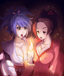 1boy 2girls artist_request breasts brown_eyes brown_hair candle erect_nipples female female_focus fire fuu high_ponytail hypnosis kimono large_breasts male mind_control multiple_girls open_mouth pink_ribbon ponytail purple_hair ribbon samurai_champloo sheena_fujibayashi short_hair simple_background tales_of_(series) tales_of_symphonia tied_hair tongue