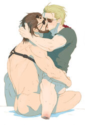 2boys amputee anal bara beard blonde_hair blush bottomless brown_hair cowgirl_position eye_patch facial_hair gay glasses kazuhira_miller kissing lifting male_only metal_gear_(series) metal_gear_solid multiple_boys muscle riding romantic scar sex sitting_on_person steam straddling sweat venom_snake yaoi