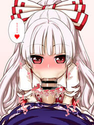 2girls albino blush bow censored fellatio female_pov fujiwara_no_mokou futa_with_female futanari heart intersex itou_yuuji keine_kamishirasawa multiple_girls penis pov red_eyes solo_focus touhou white_hair