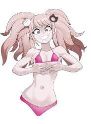 1girls anoneysnufftan bikini bikini_bottom blue_eyes breast_hold bust_portrait danganronpa evil_grin female female_only junko_enoshima pink_hair smile solo swimsuit transparent_background twintails upper_body waist_up