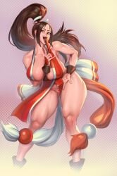 absurdres arm_guards bare_shoulders breasts brown_eyes brown_hair cameltoe cleavage fatal_fury female folded_fan folding_fan hand_fan high_ponytail highres holding holding_fan japanese_clothes kabos king_of_fighters large_breasts long_hair looking_at_viewer mai_shiranui ninja pelvic_curtain ponytail revealing_clothes rope shiranui_mai smile snk solo the_king_of_fighters thighs