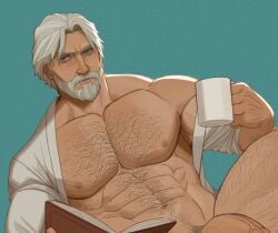 1boy 2025 book chest_hair cropped garbancobean hairy hairy_male happy_trail large_penis magneto magneto_(marvel_rivals) male male_only marvel marvel_rivals mug older_male penis pubic_hair reading solo solo_male white_hair x-men