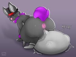 anthro anus balls bat big_balls big_ears bulge clothing cock_vore external fur genitals grey_body hat headgear headwear hi_res huge_balls hyper hyper_balls hyper_genitalia male mammal martovskii penile penis predator/prey purple_body purple_fur solo tail tongue tongue_out vore