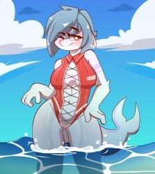 anthro anthro_female anthro_shark beach bikini breasts clouds curly_hair curvy curvy_female cute female female_only fingernails fins fish fish_girl fish_humanoid furry furry_only grey_skin hair miss_raccoonto navy_blue_hair original_character panties red_bikini shark shark_fin shark_girl shark_humanoid shark_tail smile smiling solo_female sun_rays sunlight swimsuit tail two_tone_body water white_hair white_skin yellow_eyes