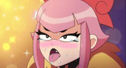 ahe_gao ahegao_face blush brawl_stars clothed drool drooling heart-shaped_pupils melodie_(brawl_stars) open_mouth pink_hair sweat sweating tears