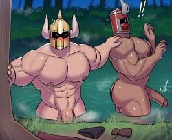 abs ass back back_muscles balls bara big_balls big_muscles big_nipples big_pecs big_penis blush brizzytt daddy dilf duo erection gay gil_(brizzytt) helmet helmet_only holding_partner huge_muscles huge_pecs human human_on_human hunk ignius_(brizzytt) knight light_skin light_skinned_male lying male male/male male_only masked_male muscular muscular_human muscular_male navel nipples nude pecs penis skinny_dipping water wet yaoi