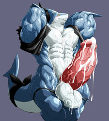 abs anthro balls biceps big_balls blue_skin blush clothing cum cum_on_balls cum_on_body cum_on_chest cum_on_penis cum_on_self cum_on_stomach fin fish flexing glans huge_muscles hyper hyper_penis kuroma liquid looking_at_viewer male male_only marine mostly_nude muscular pecs penis pose post_orgasm quads scar shark simple_background smile solo speedo sweat swimsuit thick_tail triceps vest white_skin yellow_eyes zanga