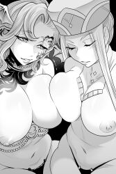 2girls big_breasts black_panties blush breast_press breasts closed_eyes facial_tattoo göndull_(shuumatsu_no_valkyrie) lilith_(shuumatsu_no_valkyrie) looking_at_partner neckwear shuumatsu_no_valkyrie smile tatoo thick_legs thick_thighs thighhighs thighs