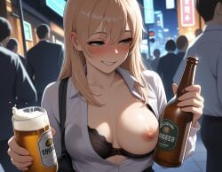 ai_generated beer beer_bottle big_breasts breasts_out drunk exposed_breasts exposed_nipples nipslip wardrobe_malfunction