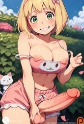 ai_generated ao_no_exorcist big_breasts big_penis feline futanari moriyama_shiemi outside sexy_body standing yellow_hair