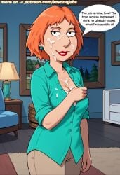 ai_generated blush caption captions cheating cheating_female cheating_wife cleavage cum_drip cum_on_breasts cum_on_face family_guy lipstick lois_griffin mature mature_female milf ntr tired tired_expression