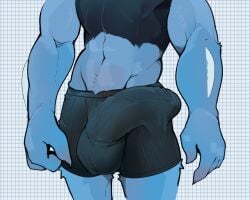 anthro big_bulge biped blue_body blue_fur bottomwear bulge clothed clothing detailed_bulge erection erection_under_clothing fingers front_view fur generation_4_pokemon genital_outline hi_res kakhao low-angle_view male multicolored_body navel nintendo penis_outline pokemon pokemon_(species) riolu shorts solo standing topless topless_anthro topless_male white_body