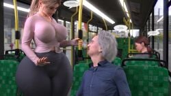 1boy 2girls 3d age_difference breasts bus bus_interior clothing curvaceous curvy dialogue english_text large_breasts leggings light-skinned_female light-skinned_male light_skin looking_at_another multiple_girls older_male rev2019 thick_thighs vehicle vehicle_interior white_hair wide_hips younger_female