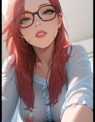 ai_generated big_breasts glasses looking_at_viewer red_hair see-through see-through_clothing see-through_shirt see-through_top sexy