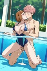 1boy1girl ai_generated brown_hair itadori_yuuji jujutsu_kaisen kugisaki_nobara pink_hair pool