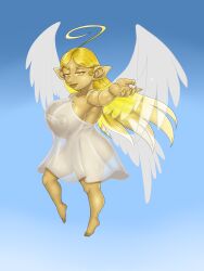 angel angel_wings big_breasts blonde_hair breasts feet female flying goblin goblin_female golden_eyes gown huge_breasts lurkingtyger pointy_ears translucent_clothing yellow_eyes