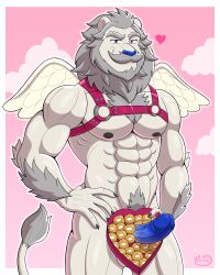 abs absurd_res anthro arm_hair balls bedroom_eyes biceps big_muscles big_penis blue_eyes blue_nose blue_penis body_hair box_of_chocolates candy chest_hair chest_tuft chocolate cupid dessert erection feathered_wings feathers felid feline food fur genitals grey_body grey_fur half-length_portrait hand_on_hip harness heart_symbol hi_res holidays lion looking_at_viewer male mammal mane mischievous mischievous_smile muscular muscular_anthro muscular_male narrowed_eyes neruk outline pantherine peeking_penis penis pink_background portrait pubes seductive simple_background solo standing triceps tuft valentine's_day vein veiny_penis white_body white_fur white_outline wings ych