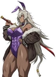 abs animal_ears bunny_ears bunny_girl dark_skin eyepatch fishnet ghislaine_dedoldia grey_hair jacket large_breasts muscle muscular muscular_female muscular_thighs mushoku_tensei red_eye sword tail toned zantyarz