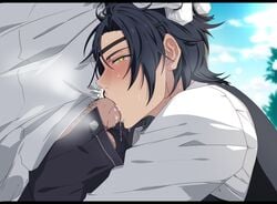 2boys deepthroat erection fellatio hand_on_head male_only multiple_boys oral outdoors penis public saliva shokudaikiri_mitsutada touken_ranbu yaoi