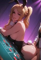 ai_generated blonde_female blonde_hair bunny_ears bunnysuit casino green_eyes large_breasts looking_at_viewer lying_on_stomach nier nier:_automata penetration_from_behind ponytail seductive_look sex_from_behind smile yorha_commander