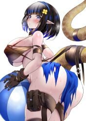 1girls arknights black_and_blue black_and_blue_hair black_hair blue_eyes elf_ears eunectes_(arknights) female female_focus female_only holding holding_ball kokihanada light-skinned_female light_skin lizard_girl lizard_tail looking_at_viewer looking_down multicolored_hair no_panties pointy_ears short_hair skimpy skimpy_clothes tagme