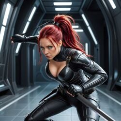 ai_generated blue_eyes cleavage dual_wielding leather lust_goddess natasha_(lust_goddess) red_hair scar sword tingelerdick