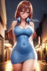 ai_generated animegirl blue_dress go-toubun_no_hanayome looking_at_viewer medium_breasts nakano_miku navel