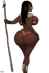 1girls african african_female apparent-apparatus ass back_view big_ass big_breasts big_lips bimbo black_hair bubble_butt dark-skinned_female dark_skin female long_hair oc original_character skimpy_clothes solo spear tribal tribal_clothing voluptuous voluptuous_female