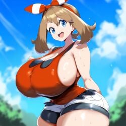 ai_generated ameanon big_breasts bike_shorts cleavage gigantic_breasts huge_breasts large_breasts may_(pokemon) may_(pokemon_oras) nintendo pokemon red_tank_top short_shorts shorts sideboob sweat tank_top thick_thighs tight_clothing white_shorts