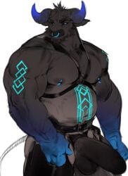 anthro belt black_fur black_sclera bovid bovine chaps darkgem harness humanoid_genitalia humanoid_penis leather male male_only minotaur musclegut muscular muscular_male nose_piercing pierced_nipples piercing piercings solo tattoo tattoos