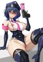 1girls angry annoyed arm_support bare_shoulders bare_thighs black_footwear black_gloves black_leotard blue_hair blush boots breasts breasts_out clothing_aside covered_navel cyberlive elbow_gloves exposed_breasts female female_only frown gloves grey_thighhighs gun hair_between_eyes hand_up hat heart heart_print high_heels highleg highleg_leotard highres hourglass_figure indie_virtual_youtuber lainart large_breasts latex latex_boots latex_gloves leg_up leotard leotard_aside looking_at_viewer medium_hair necktie nipples open_mouth orange_eyes oumiya_emma peaked_cap pink_armband pink_necktie pussy short_hair shoulders simple_background sitting slit_pupils smile solo strap sweat sweaty thick_thighs thigh_boots thighhighs thighs virtual_youtuber w weapon white_background wide_hips yellow_eyes