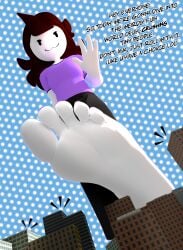 1girls 3d barefoot city city_destruction clothed clothing feet foot_fetish giantess jaiden jaiden_animations keynor macro micro smug soles solo solo_female tagme text toes viewed_from_below white_body white_skin