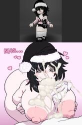 1boy 1girls 2d 2d_(artwork) 2d_artwork big_ass big_breasts big_nipples black_hair christmas_hat cum cum_on_face cum_overflow eatidalemons eatlemons ejaculation excessive_cum huge_ass huge_breasts huge_cock low_quality merry_christmas naked onomatopoeia paizuri penis_between_breasts pink_body pixelated reference_image roblox roblox_avatar robloxian tagme