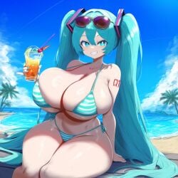 ai_generated ameanon beach bikini blue_bikini blue_eyes blue_hair blue_nail_polish blue_nails breasts breasts_bigger_than_head cleavage drink hatsune_miku holding_drink huge_breasts large_breasts ocean seaside sideboob sitting smile string_bikini striped_bikini tropical_drink twintails underboob vocaloid