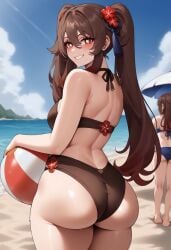 1girls ai_generated beach beach_ball beach_umbrella big_ass breasts brown_bikini brown_bikini_bottom brown_bikini_top brown_hair civitai double_ponytail dug-lith-pls flowers flowers_in_hair genshin_impact hu_tao_(genshin_impact) juicy_butt light-skinned_female long_hair outdoors red_eyes shiny shiny_skin solo_focus sweat sweatdrop symbol-shaped_pupils thiccwithaq_(ai_style) thick_ass thick_thighs