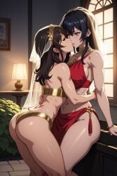 2girls ai_generated big_breasts black_hair brown_hair closed_eyes indian indian_clothes indian_female kissing light-skinned_female light_skin round_ass saree sari veil yuri