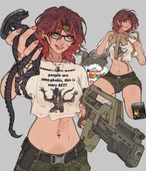 1girls action_figure alien alien_(franchise) camo_print camo_shorts crop_top facehugger girl_who_is_obsessed_with glasses gun long_hair m41a_pulse_rifle merchandise navel_piercing red_hair shorts white_shirt xenomorph yoracrab