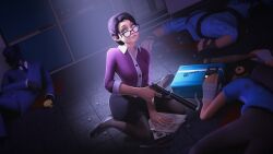 1girl aussiescout bored clothed clothes dead_body female glasses gun hi_res miss_pauling on_knees pistol scout_(team_fortress_2) spy_(team_fortress_2) team_fortress_2 valve