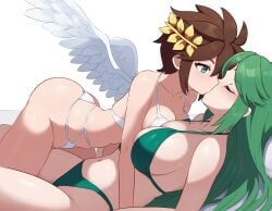 2girls ai_generated angel angel_wings bikini brown_hair closed_eyes genderswap_(mtf) goddess green_hair kid_icarus kissing large_breasts long_green_hair long_hair nintendo palutena pit_(kid_icarus) rule_63 spiked_hair turquoise_eyes yuri