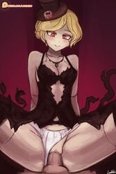 2016 blonde_hair blush breasts cleavage corruption_(victory_belles) female first_porn_of_franchise happy_sex hat jewelry lumineko necklace panties panties_aside red_eyes sex smile solo_focus spread_legs underwear vaginal_penetration victory_belles white_panties