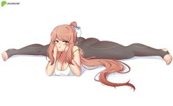 black_leggings black_legwear brown_hair cleavage doki_doki_literature_club emerald_eyes facing_viewer green_eyes hair hair_ornament hair_ribbon laying_down laying_on_floor laying_on_ground laying_on_stomach leggings long_hair looking_at_viewer monika_(doki_doki_literature_club) ponytail raionart seductive splits spread_legs spreading tongue tongue_out white_ribbon wholesome