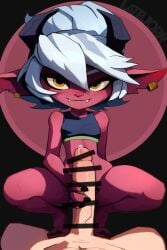 1boy ai_generated ashikoki bangs bare_shoulders black_nails bottomless breasts censored closed_mouth clothing colored_skin demonic_series earrings erection fangs fangs_out feet female fingernails grey_hair hair_between_eyes high_resolution horns jewelry large_penis latbjorn_ai league_of_legends little_demon_tristana looking_at_viewer male minigirl nail_polish penis red_skin semen short_hair size_difference smile solo_focus spread_legs squatting straight tristana white_hair yellow_eyes yordle