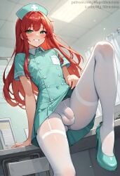 ai_generated bulge_under_clothes femboy green_eyes magosilencioso nurse nurse_uniform original_character otoko_no_ko pantyhose penis_under_pantyhose red_hair sissy skirt_up testicle_bulge trap