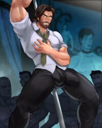 bara beard big_bulge bigby_wolf blush brown_hair bulge clothing daddy erection_under_clothes fables huge_bulge kaito_draws male male_only manly mature_male muscular_male penis_outline the_wolf_among_us tight_clothing