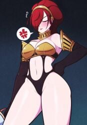 angry armor belly_button big_breasts blush breasts embarrassed hand_on_hip jeffmiga mitsuru_kirijo mitsuru_kirijo_(sexy_armor) persona persona_3 skimpy sweatdrop thick_thighs thighs wide_hips