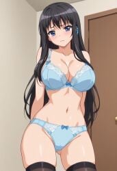 1girls ai_generated black_hair blue_bra blue_eyes blue_panties blush bra breasts collarbone eroge!_h_mo_game_mo_kaihatsu_zanmai female gastkeser82 himeno_kisara hips leaning lingerie long_hair navel panties solo stomach thick_thighs thighhighs underwear underwear_only wide_hips