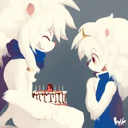 age_difference anthro birthday_cake cake candle cape closed_eyes cute_fangs duo erection feline food food_play furry grin humanoid_penis leo_(whiteleo) lion male mammal mane mostly_nude open_mouth penis signature sitting size_difference smile whiteleo yaoi