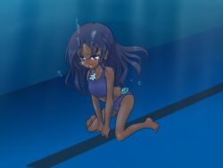 breathing_underwater dark-skinned_female feet mi'ara mudada_muda_(artist) original stopwatch swimming_pool swimming_trunks swimsuit swimwear underwater underwater_breathing